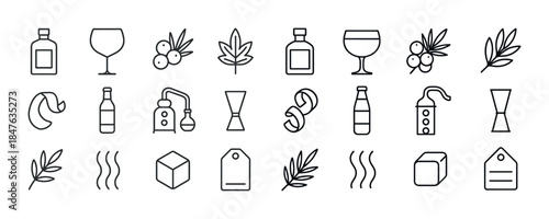 Minimalist drink icons set featuring bottles, glasses, herbs, an