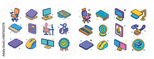 Colorful office icons featuring ergonomic furniture and technolo
