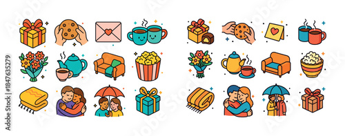 Colorful cozy icons: gifts, snacks, flowers, and family moments