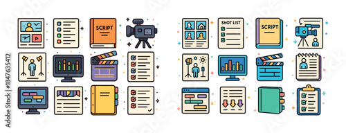 Icon set for video production and scriptwriting with colorful el