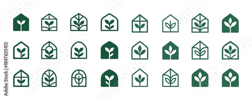 Collection of greenhouse plant icons in minimalist style