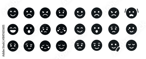 Set of 25 diverse emoticons displaying various facial expression
