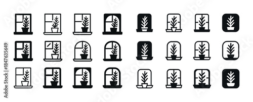 Set of window and potted plant icons in various frame styles