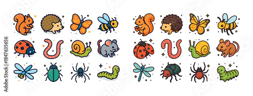 Colorful cartoon insects and animals: squirrels, hedgehogs, bees