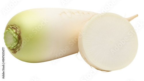 Foto Isolated Daikon radish with slice, also known as mooli, long white winter carrot