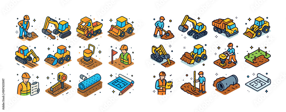 Obraz premium Construction equipment and workers icons in flat design style
