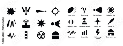 Set of space and astronomy icons: star, x-ray, gamma ray, cosmic