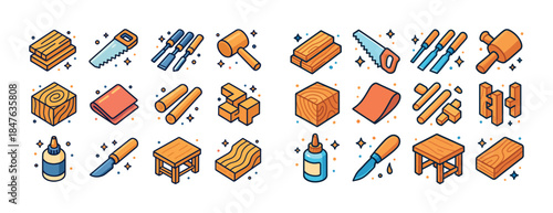 Colorful isometric woodworking tools and materials in a collecti