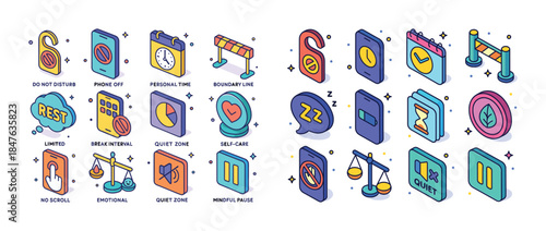 Isometric icons illustrating self-care and mindful breaks for pe