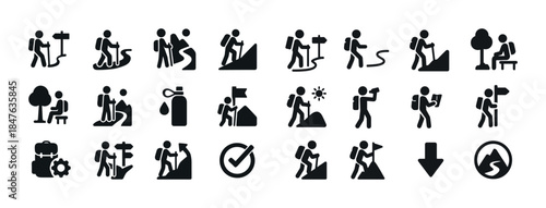 Hiking icons set: activities, equipment, navigation, and nature