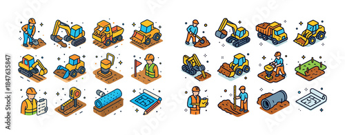 Construction equipment and workers icons in flat design style