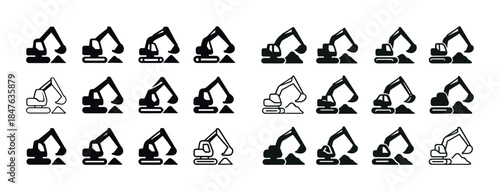 Set of twenty black excavator icons in various positions and sty