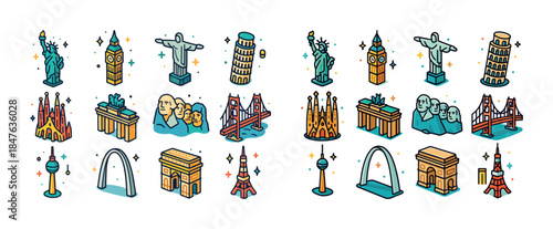 Iconic global landmarks illustration: big ben, eiffel tower, sta