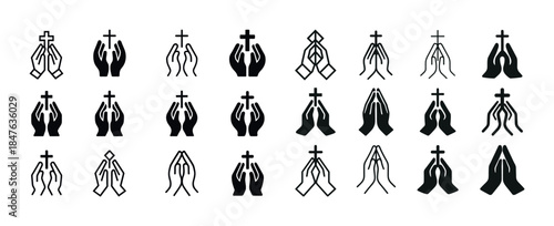 Set of diverse religious hand symbols with praying hands and cro
