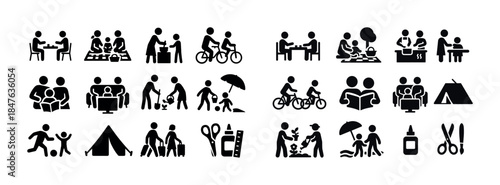 Family activities icons: outdoors, reading, dining, camping, cyc