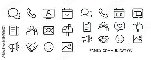 Family communication icons: calls, messages, meetings, mail, smi