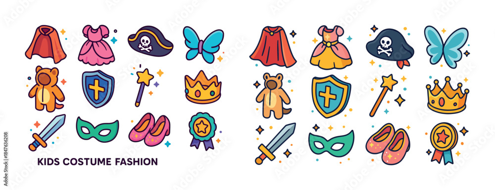 Fototapeta premium Colorful kids costume fashion icons set with crowns, shields, an