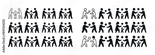 Stick figure family icon set: various poses and group arrangemen