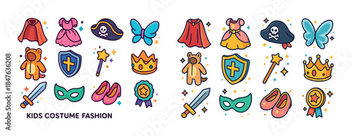 Colorful kids costume fashion icons set with crowns, shields, an