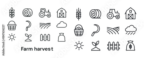 Farm harvest icons: tractor, barn, hay, basket, tools, sun, clou
