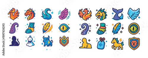 Colorful fantasy icons: mythical creatures and magical symbols