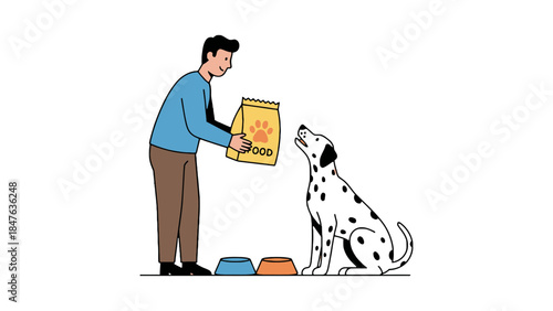 Man feeding dalmatian dog with a bag of food