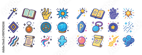 Colorful magical items and symbols illustration featuring wands,