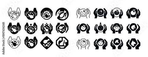 Collection of minimalist hand and food icons in black and white