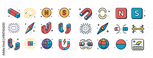 Magnetism and science icons: compass, magnets, and magnetic fiel