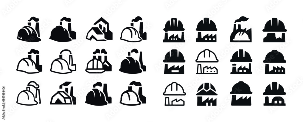 Fototapeta premium Industrial icon set: hard hats, factories, chimneys - black and