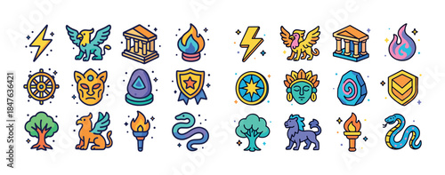 Mythical icons set: griffin, temple, flame, lion, serpent, tree,