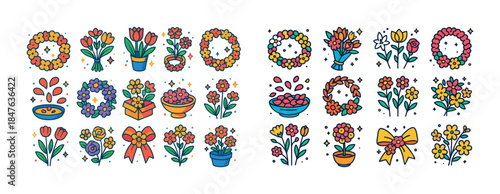 Colorful floral designs with bouquets wreaths bowls and pots