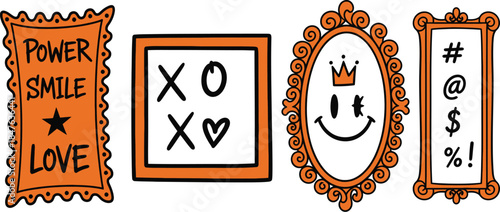 Vibrant illustrations of smiling frames with love messages and symbols