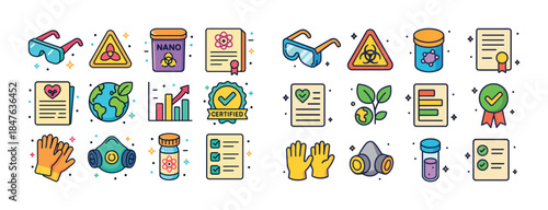 Colorful science and safety icons with lab equipment and environ