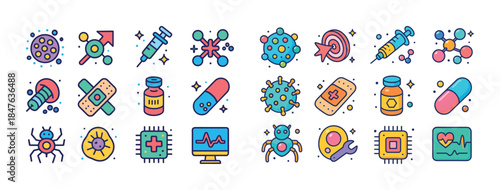 Colorful medical and science icons set with bacteria, molecules,