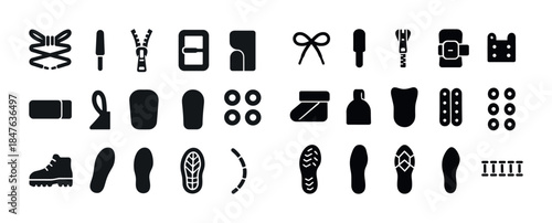 Shoe components icon set: laces, soles, eyelets, zippers, insole