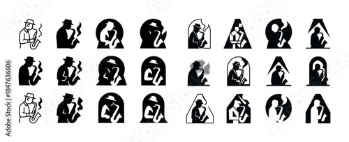 Silhouette saxophonist icons: jazz musician playing saxophone in