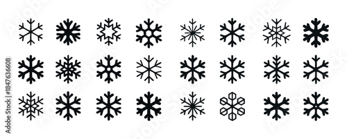 Variety of black snowflake icons showcasing diverse designs and