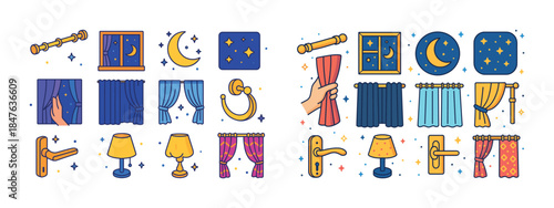 Colorful night and day curtain icons with home decor elements