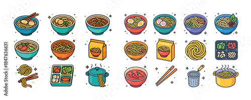 Colorful ramen and noodles variety with bowls, ingredients, and