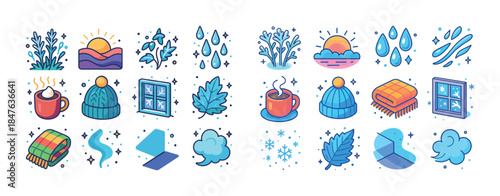 Colorful seasonal icons depicting weather and nature themes