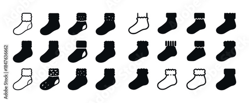Collection of 24 unique silhouette socks on white background