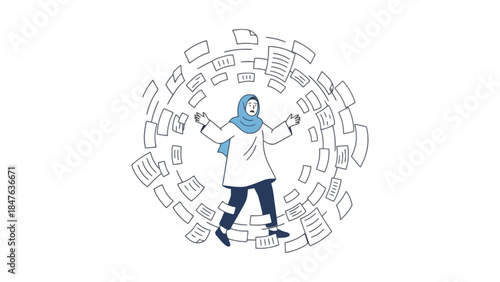 Overwhelmed businesswoman surrounded by swirling paperwork