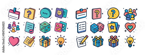 Colorful illustrated icons of communication, gifts, and ideas