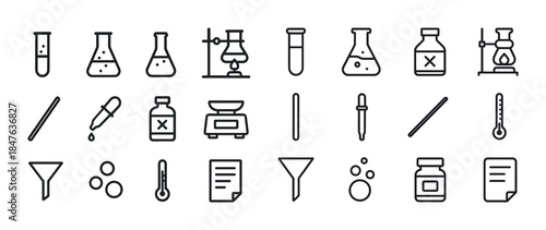 Science lab icons: beakers, test tubes, thermometers, and more