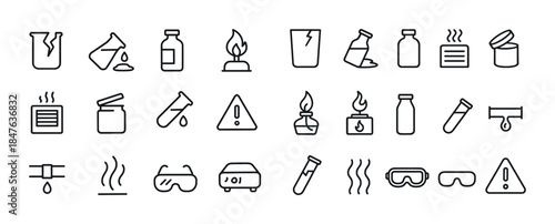 Chemical safety icons: beaker, flame, bottle, hazard, test tube,