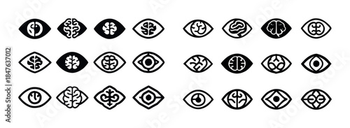 Eye and brain icon collection: abstract black and white designs