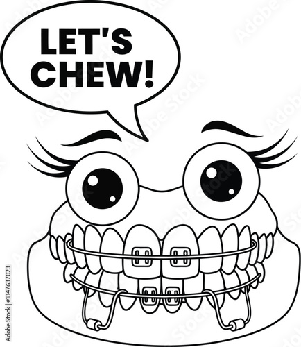 Cartoon face with braces says let's chew