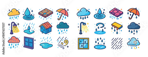Colorful weather icons featuring rain, clouds, and wind elements