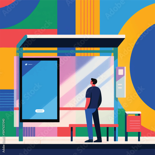Illustration Of A Person Standing At A Smart Technology Transportation Stop Vector Design Template
